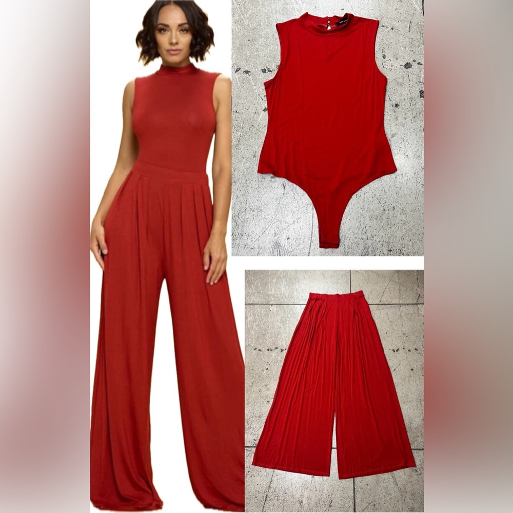 458B-RUST. 2 Piece Bodysuit & Pleated Wide Leg Pant Set